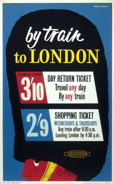 'By Train to London', 1960. British Railways poster Studio Seven