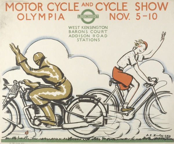 Zinkeisen_Mortor-Cycle-and-Cycle-Show, vintage London Transport poster, 1934