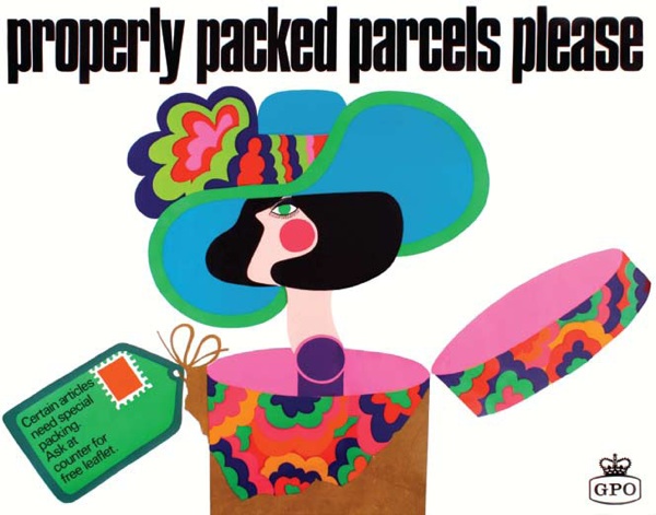 Properly Packed Parcels Please vintage GPO poster woman out of hat