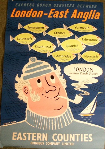 Daphne Padden coaches to east anglia fish vintage poster