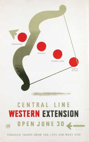 Hans Schleger vintage London Underground central line extension poster 1946