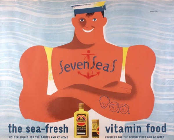 Tom Eckersley Seven Seas vitamins advertising vintage poster