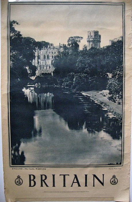 Vintage black and white britain tourism poster 1950s Warwick castle