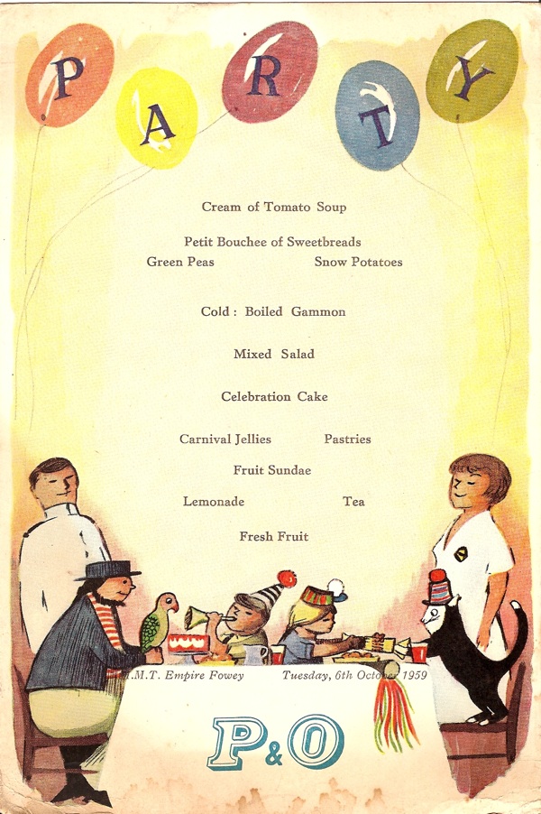 P&O children's party menu S S Empire Fowey 1959