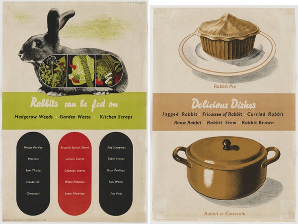 Two posters by Henrion telling you to turn nice fluffy rabbits into PIE
