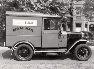 Vintage GPO morris van with poster on side