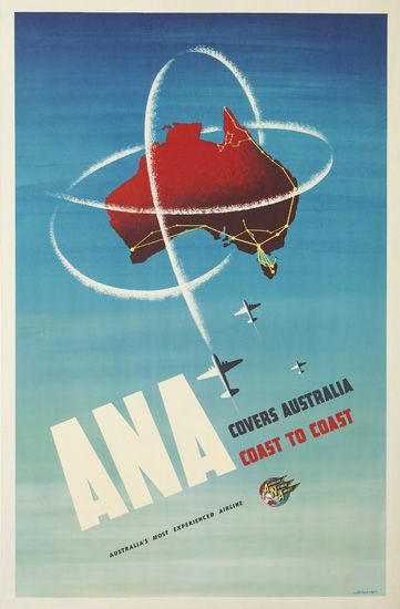 RONALD CLAYTON SKATE (1913-1990) ANA / COVERS AUSTRALIA / COAST TO COAST. Circa 1955.  Vintage travel poster