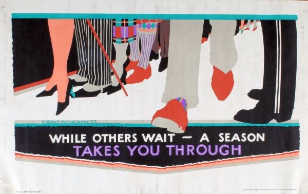 A London Underground advertising poster, 'While Others Wait - A Season [Ticket] / Takes You Through', 1928, by Percy Drake Brookshaw (1907-93)