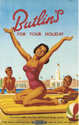 Alan Durman vintage british railways Butlins poster 1950s bathing beauty