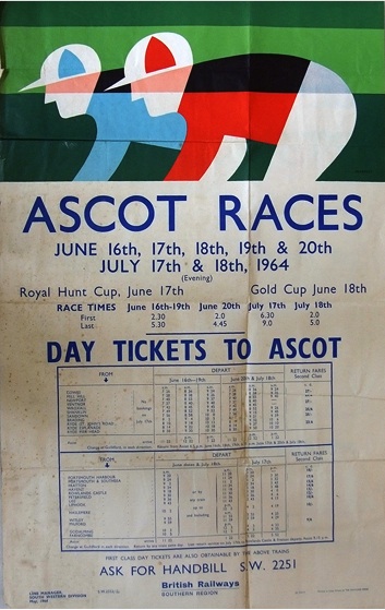 Vintage British Railways letterpress poster with top image of jockeys by Tom Eckersley