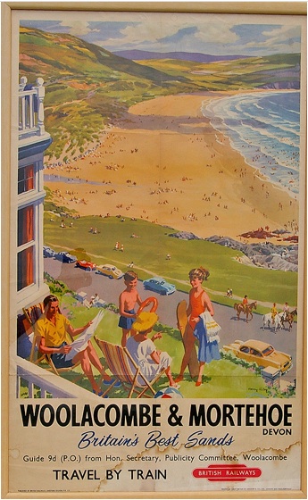 vintage railway Poster `Woolacombe & Mortehoe - Britain`s Best Sands, by Henry Riley