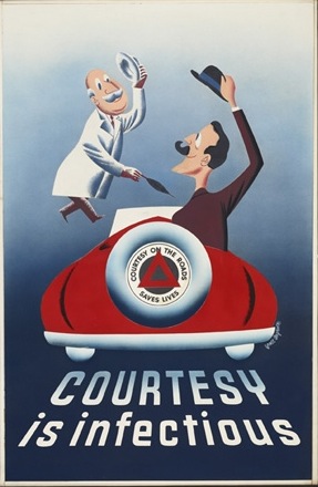 Courtesy is Infectious, hand-rendered artwork, road safety, Bruce Angrave, 1940s © The Royal Society for the Prevention of Accidents.