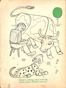 Barbara Jones Woodentops colouring book milking picture