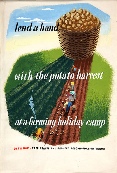 Lend a hand with the potato harvest farming holiday camp world war two poster eileen evans ministry of information artwork
