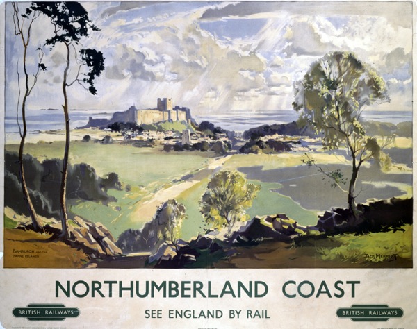 British Railways poster showing Bamburgh Castle and the Farne Islands. Northumberland, Jack Merriott.