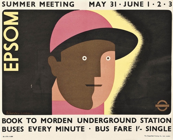 Tom Eckersley (1914-1997) & Eric Lombers (1914-1978)  EPSOM SUMMER MEETING  lithograph in colours, 1938 poster