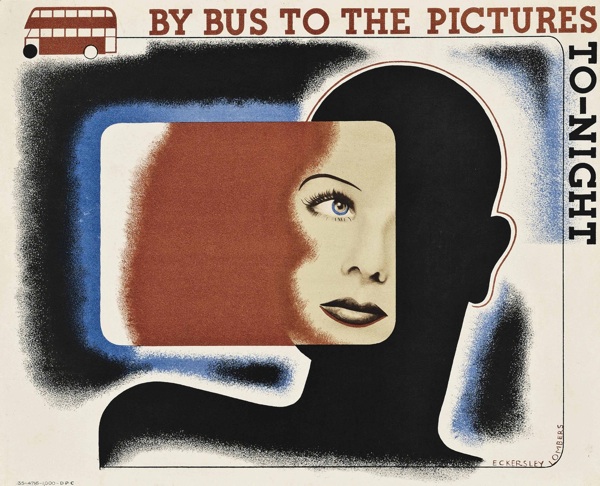Tom Eckersley (1914-1997) & Eric Lombers (1914-1978)  BY BUS TO THE PICTURES TO-NIGHT  lithograph in colours, 1935 poster