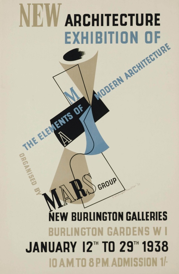 Edward McKnight Kauffer (1890-1954)  M.A.R.S., NEW EXHIBITION OF ARCHITECTURE  lithograph in colours, 1938 poster
