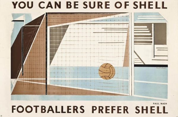 Paul Nash (1889-1946)  FOOTBALLERS PREFER SHELL  lithograph in colours, 1935 poster