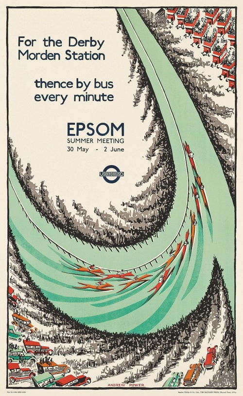 Andrew Power (Sybil Andrews, 1898-1992)  EPSOM SUMMER MEETING  lithograph in colours, 1933 London Transport poster