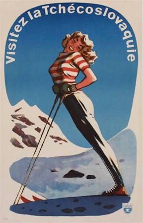Czech skiing poster 1950 from Onslows woman leaning on ski