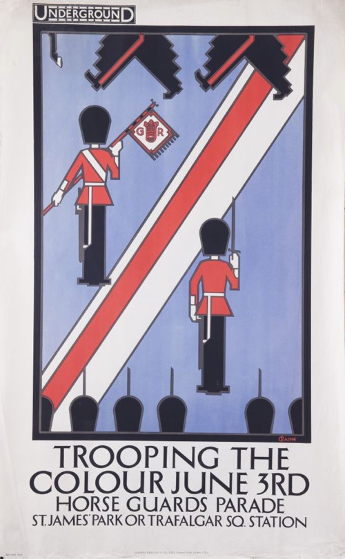 London Underground poster, 'Trooping the Colour / June 3rd / Horse Guards Parade / St. James' Park or Trafalgar Sq. Station', 1922, by Charles Paine