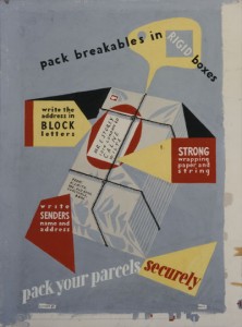 Artwork for a poster. Subject: Careful packing of parcels. Artist: Not known. GPO 1950