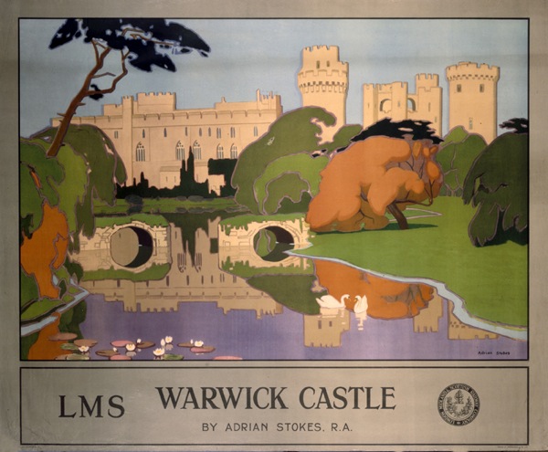 London Midland & Scottish Railway poster. Artwork by Adrian Stokes. Warwick Castle