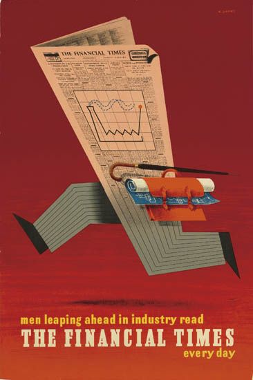 ABRAM GAMES (1914-1996) MEN LEAPING AHEAD IN INDUSTRY READ THE FINANCIAL TIMES EVERY DAY. 1955. poster