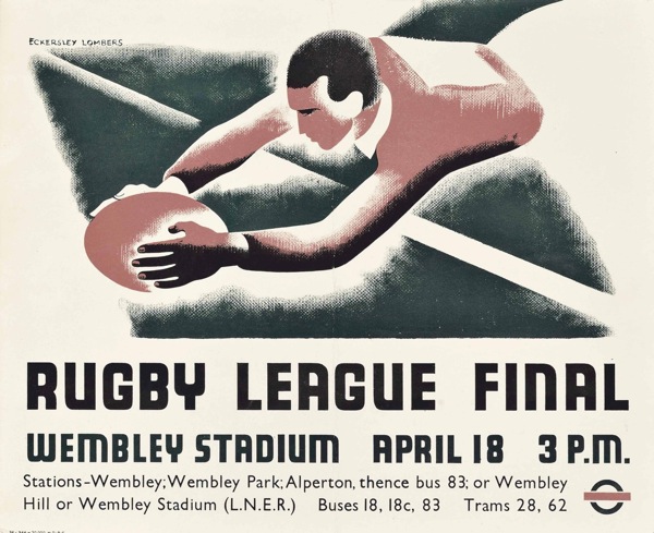 Tom Eckersley (1914-1997) & Eric Lombers (1914-1978)  RUGBY LEAGUE FINAL  lithograph in colours, 1936