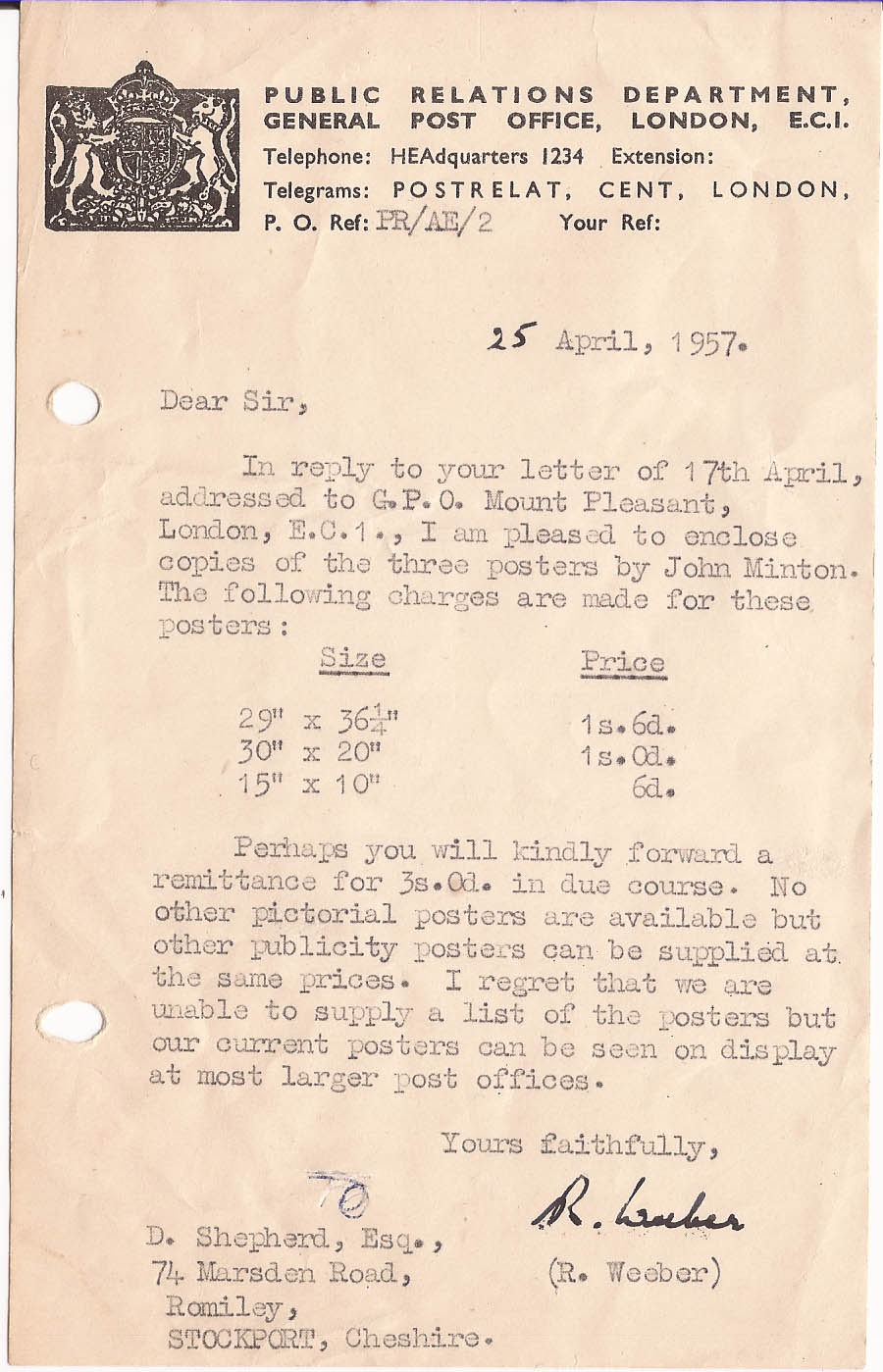 GPO letter about poster ordering 1957