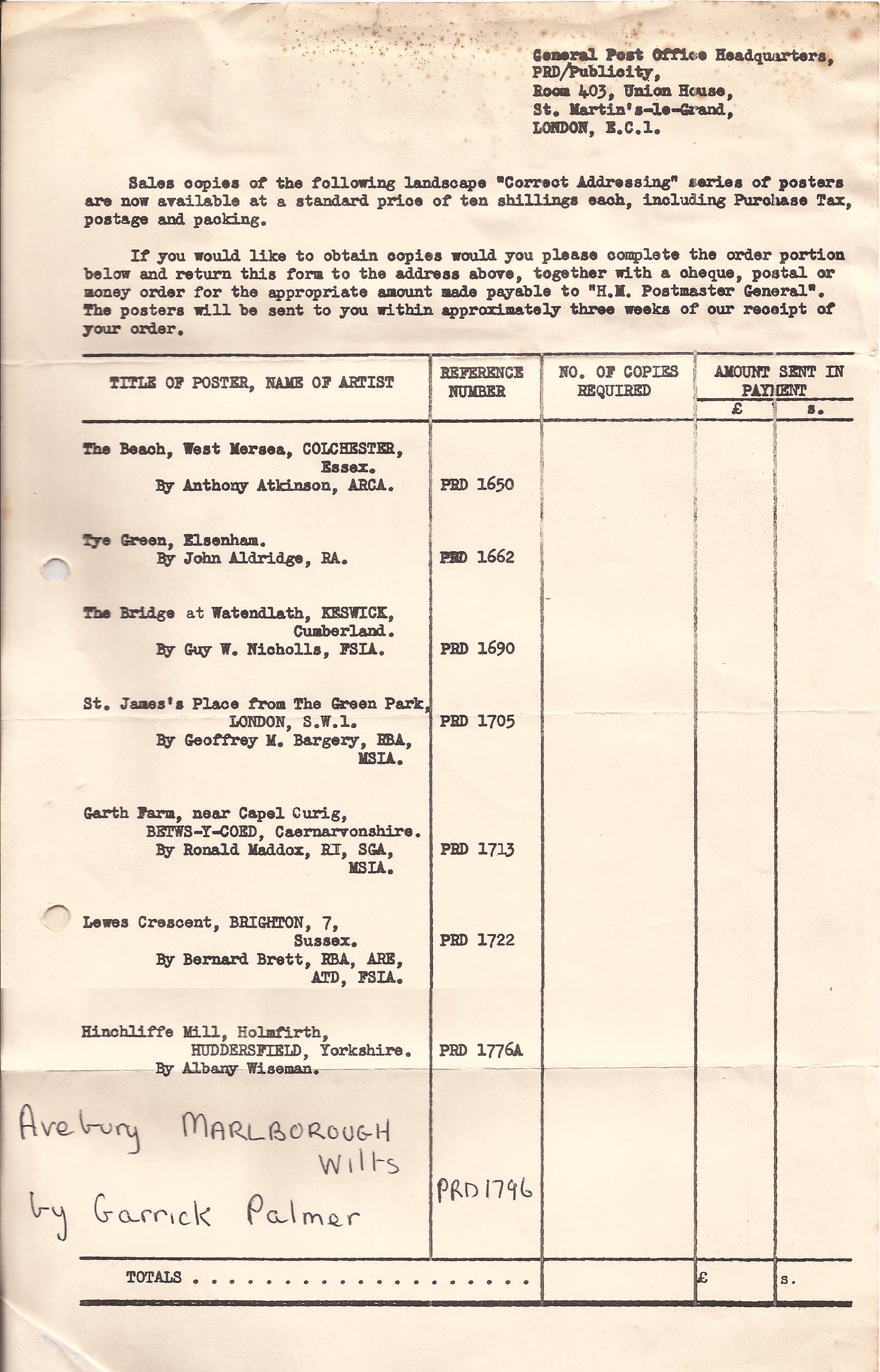 GPO poster order form 1967