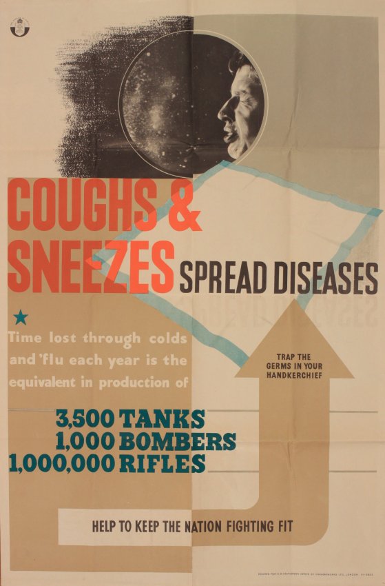 Coughs & Sneezes Spread Diseases, original WW2 Home Front poster printed for HMSO by Chromoworks circa 1940