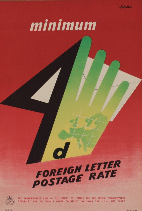 Sams 1954 minimum 4d letter rate GPO poster