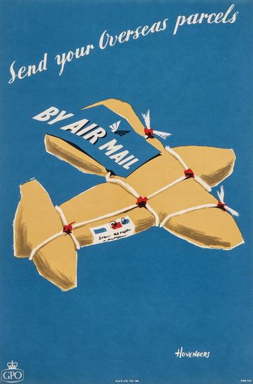 HUVENEERS, Pieter H. SEND YOUR OVERSEAS PARCELS BY AIR MAIL. GPO lithograph in colours, 1954, vintage poster