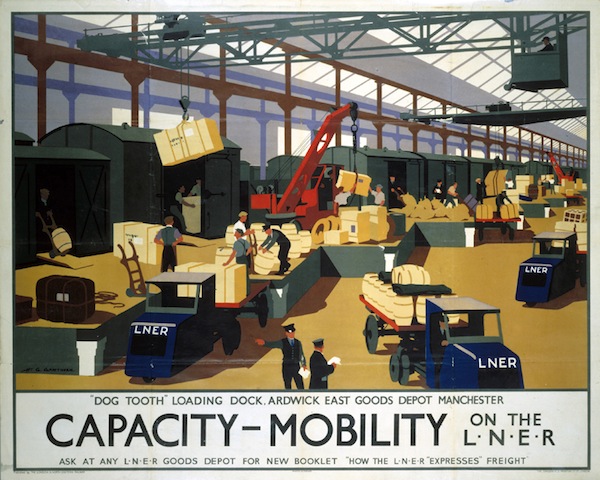 ÔCapacity/Mobility on the LNERÕ, LNER poster, 1933. Poster produced by London & North Eastern Railway (LNER) showing the Dogtooth Loading Dock, Ardwick, Manchester. Artwork by Henry George Gawthorn (1879-1941), who started out as an architect but later turned to pictorial art. He wrote several books on poster design and publicity and produced posters for LNER. He often inserted a self-portrait into many of his posters, complete with pince-nez and a panama hat.