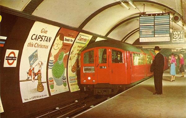 Bakerloo line at Piccadilly Station with nice graphic adverts