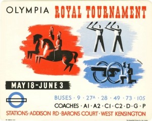 Original 1939 London Transport POSTER by John Stewart Anderson promoting the Royal Tournament at Olympia by bus, coach and Underground