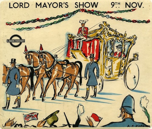 Original 1934 London Transport POSTER by Anna Zinkeisen (1901-76, designed for London Transport 1933-1944) promoting the Lord Mayor's Show.