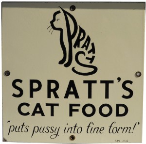 Spratts cat food advertisement enamel sign