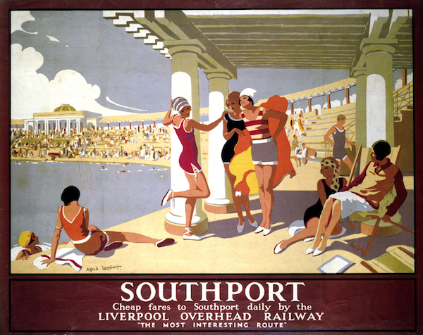  Liverpool Overhead Railway poster promoting cheap fares via ÔThe Most Interesting RouteÕ. The LOR (1893-1956) became the first electrically-worked elevated railway, the first to use an escalator, automatic signalling and a colour light system. Until its closure in 1956 the line remained independent, even from nationalisation. Artwork by Alfred Lambart.  SouthportÕ, LOR poster, 1923-1947.