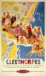 Poster produced for British Railways (BR) Eastern Region (ER), promoting the Humberside seaside resort of Cleethorpes, showing an aerial view of the town and coastline, overlayed with images of holidaymakers engaged in various activities. Included are children making sandcastles, riding on donkeys and carousel horses, families relaxing in deckchairs, a man playing golf and the winner of a beauty contest. Artwork by Blake. Printed by Jordison & Co Ltd, London & Middlesbrough.