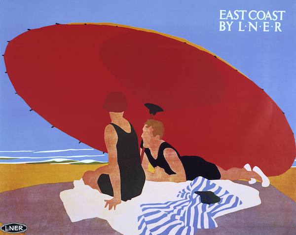 ÔEast Coast by LNERÕ, LNER poster, 1930s.Poster produced for London & North Eastern Railway (LNER) to promote rail travel to the East Coast of England. The poster sows two women sitting under a large red beach umbrella. Artwork by Tom Purvis (1888-1957), who rallied for the professionalisation of commercial art. In 1930 he was one of the group of artists who founded the Society of Industrial Artists, which campaigned for improved standards of training for commercial artists in order to broaden their scope of employment. He became one of the first Royal Designers for Industry in 1936. Dimensions: 1016 mm x 1270 mm.