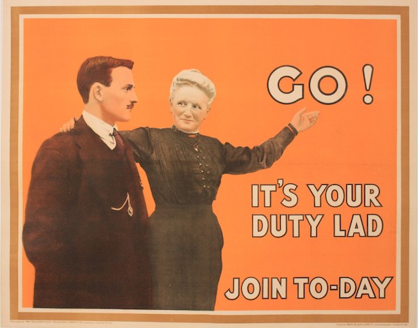 Go! Its Your Duty Lad Join To-Day, original Parliamentary Recruiting Committee poster No 109 printed by David Allen & Sons Ltd August 1915
