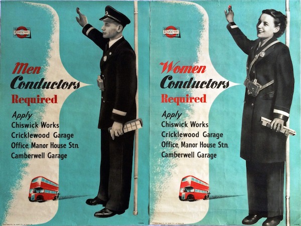 Pair of original 1951 London Transport POSTERS 'Men Conductors Wanted' & 'Women Conductors Wanted' featuring an illustration of a speeding double- deck bus with a conductor hanging on to the platform pole. By an unknown artist. 