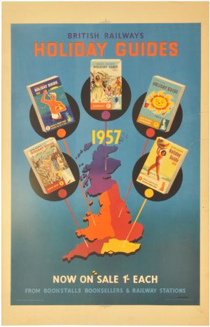 BR poster, HOLIDAY GUIDES, by Cusden, a colourful image featuring Holiday Haunts style volumes