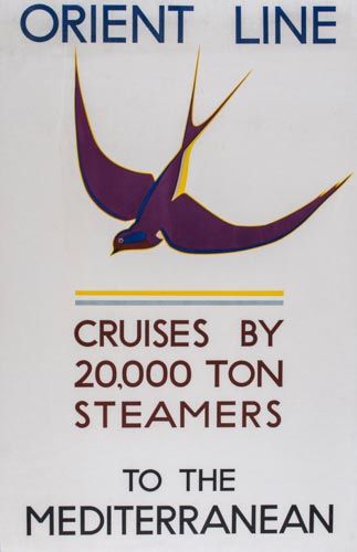 ANONYMOUS ORIENT LINE TO THE MEDITERRANEAN  lithographic poster swallow cruises by 20000 ton steamers