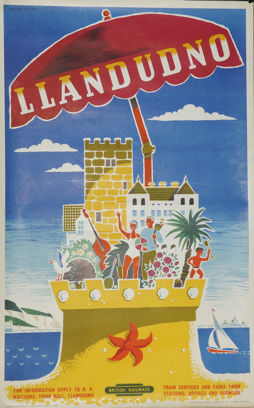 Poster, British Railways 'Llandudno' by Padden, D/R size. Depicts a family standing on raised castle shape with a large beach type umbrella above. Published by British Railways London Midland Region and printed by Stafford & Co