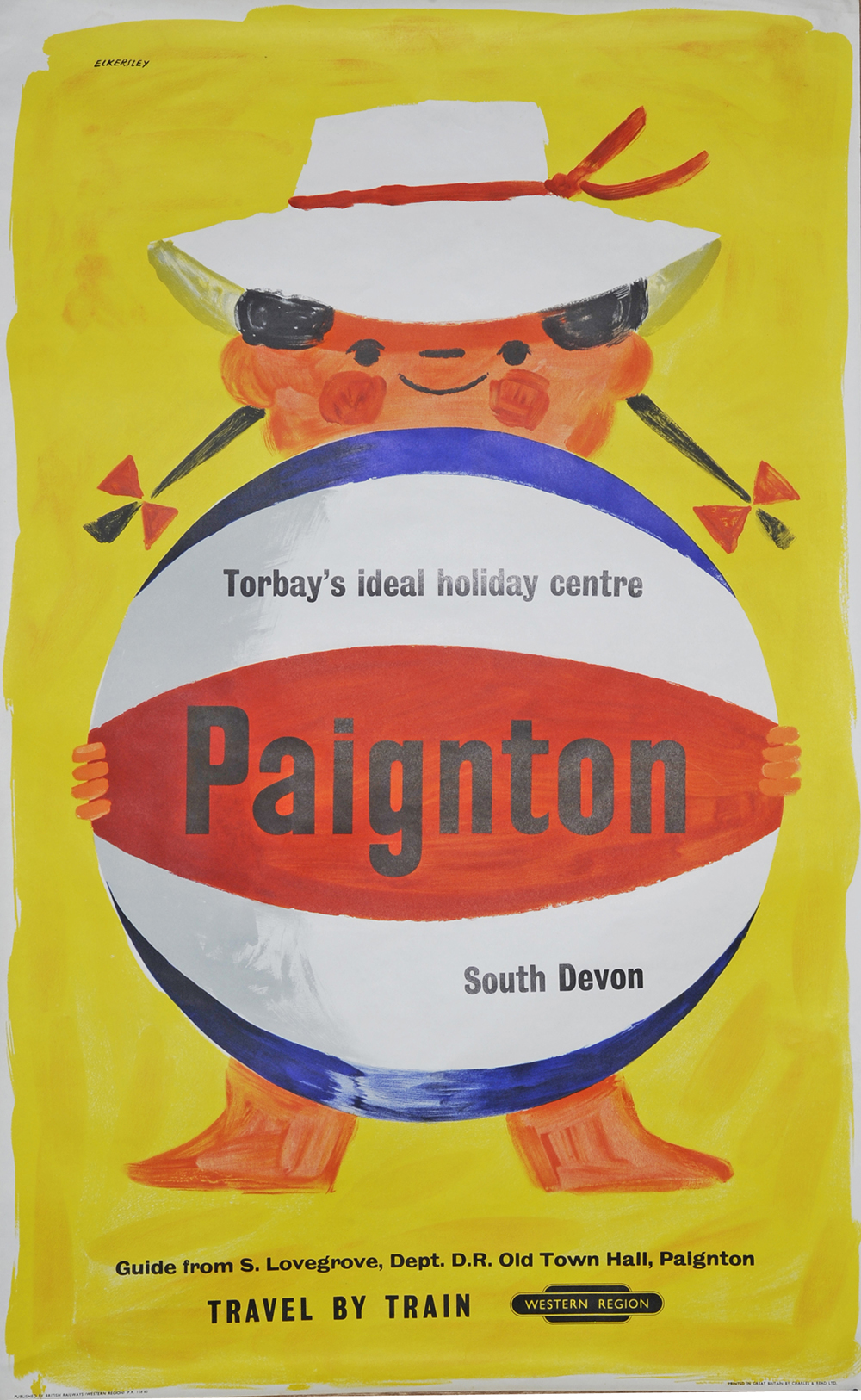 Poster BR 'Paignton' by Eckersley, D/R size. Depicts the classic image of young girl on beach with a huge beach ball held in front. Published by BR Western Region, printed by Charles & Read