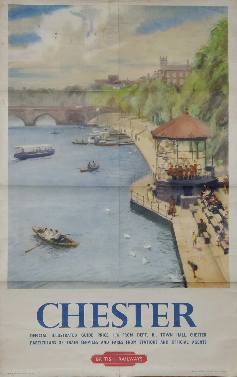 Poster 'Chester' anon, D/R size. A pleasing scene on the river with boaters, band in bandstand, children feeding swans etc. Published by BR London Midland Region, printed by Jordison